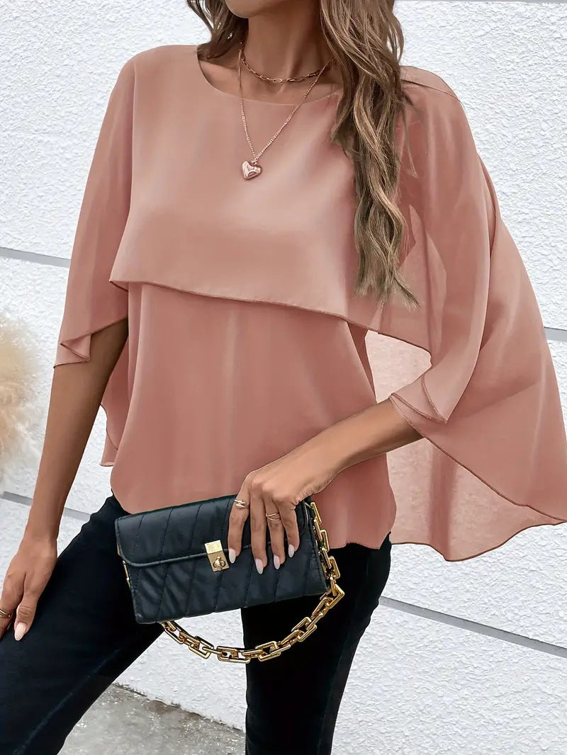 Women's All-match Round Neck Solid Color Layered Cape Sleeve Chiffon Shirt